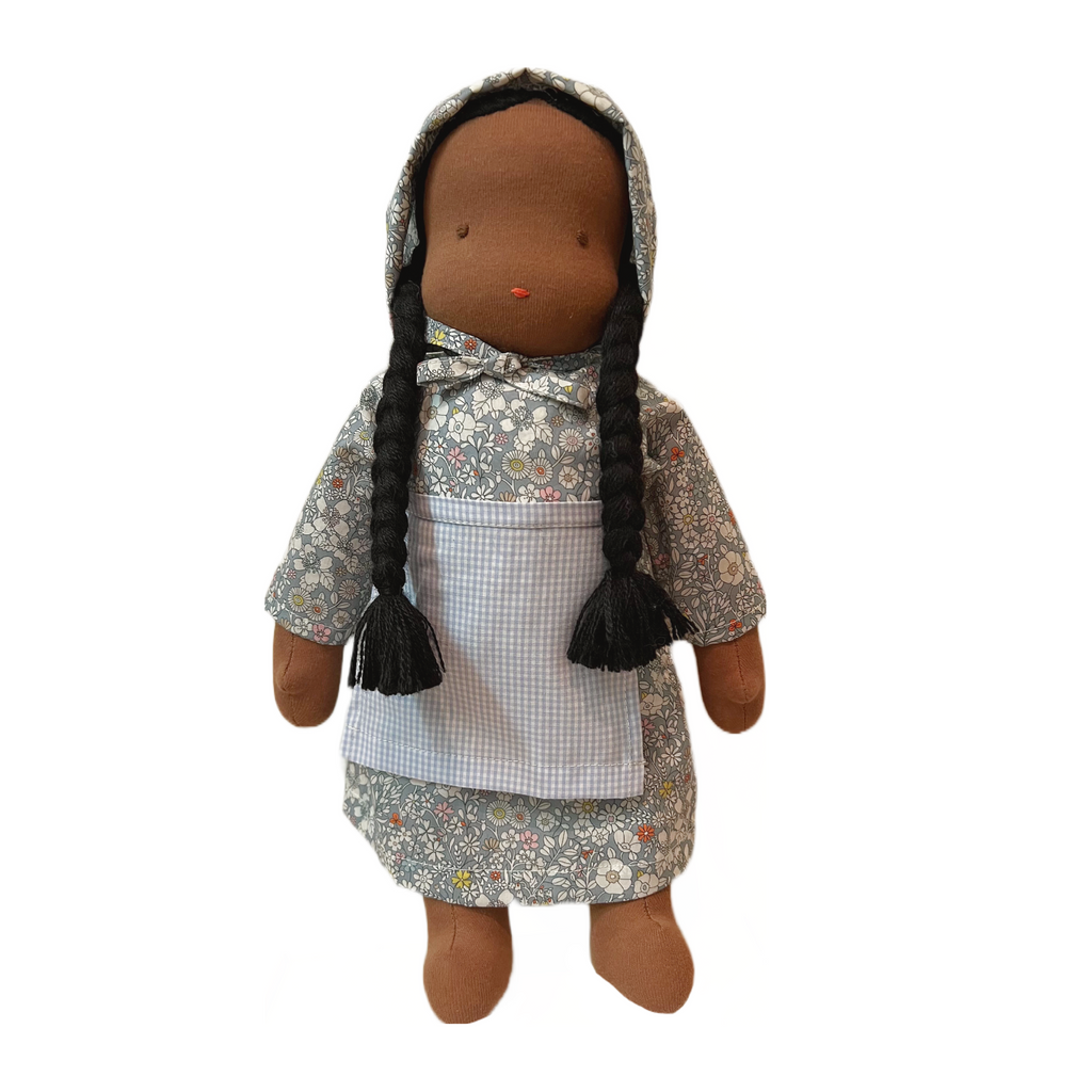 15" Waldorf Doll in Blue Liberty Floral Dress · Black