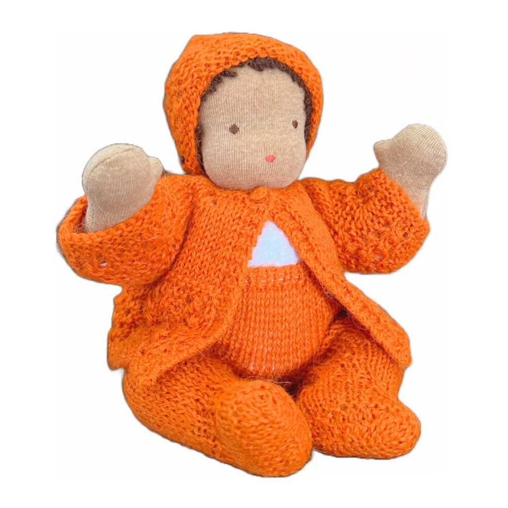 9" Waldorf Bendable Baby Doll in Orange Knit Outfit · Brown