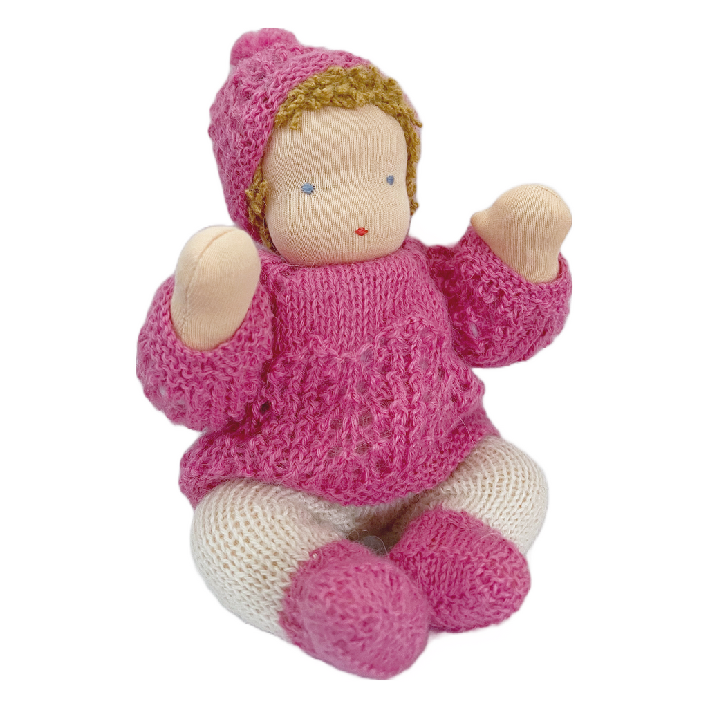 9" Waldorf Bendable Baby Doll in Hot Pink Sweater · White