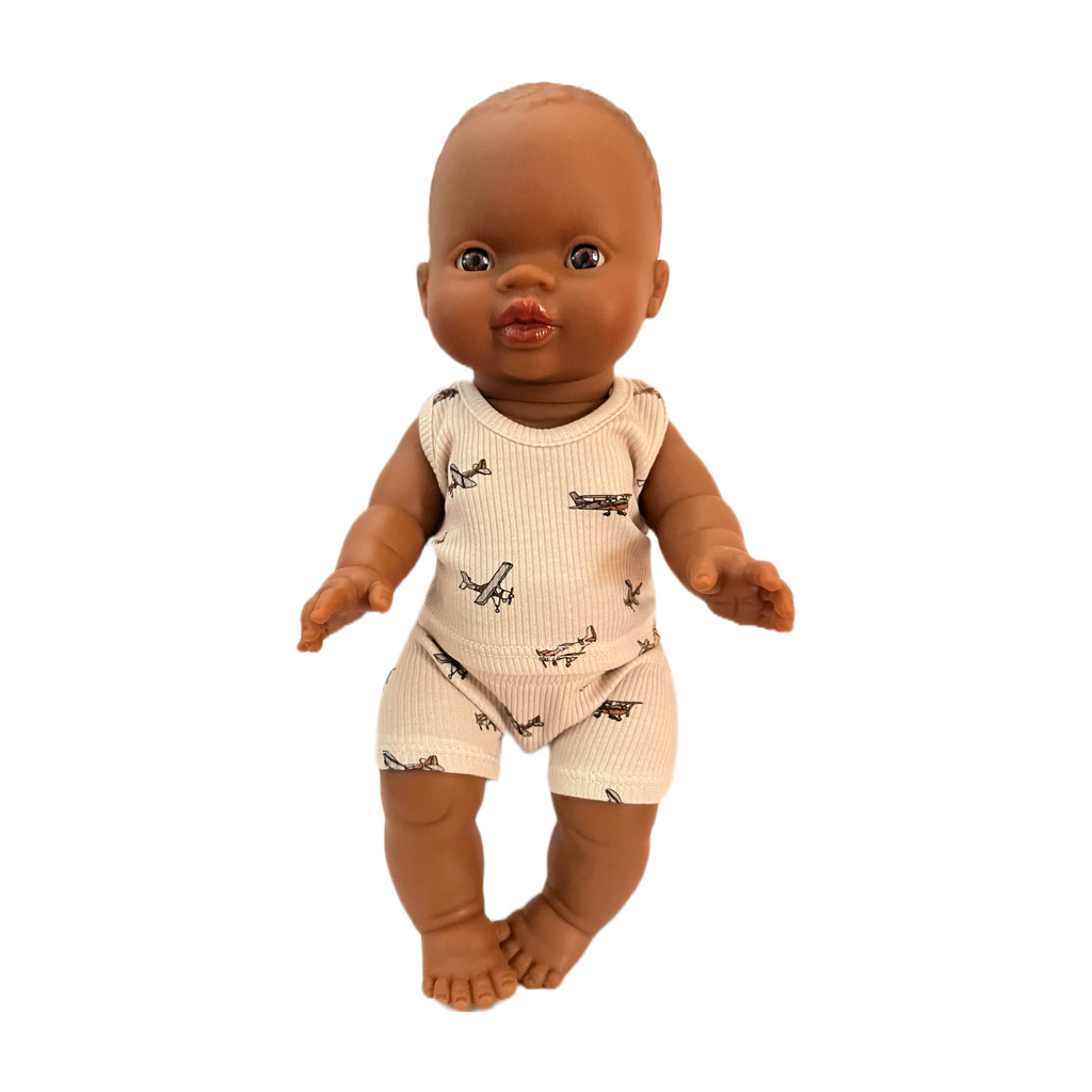 Minikane Bath Baby Boy Doll in Airplane Underwear Set · Brown