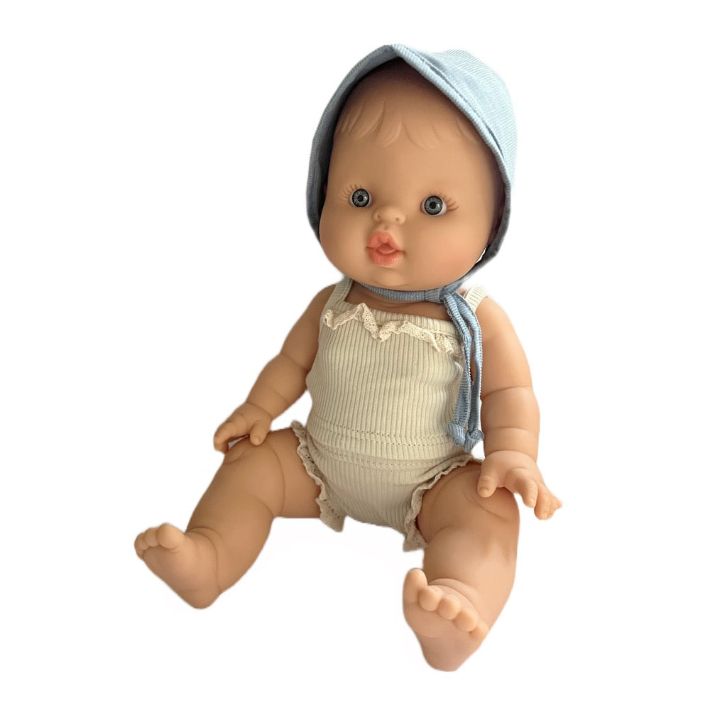 Minikane Bath Baby Doll in Cream Underwear Set and Blue Bonnet · White