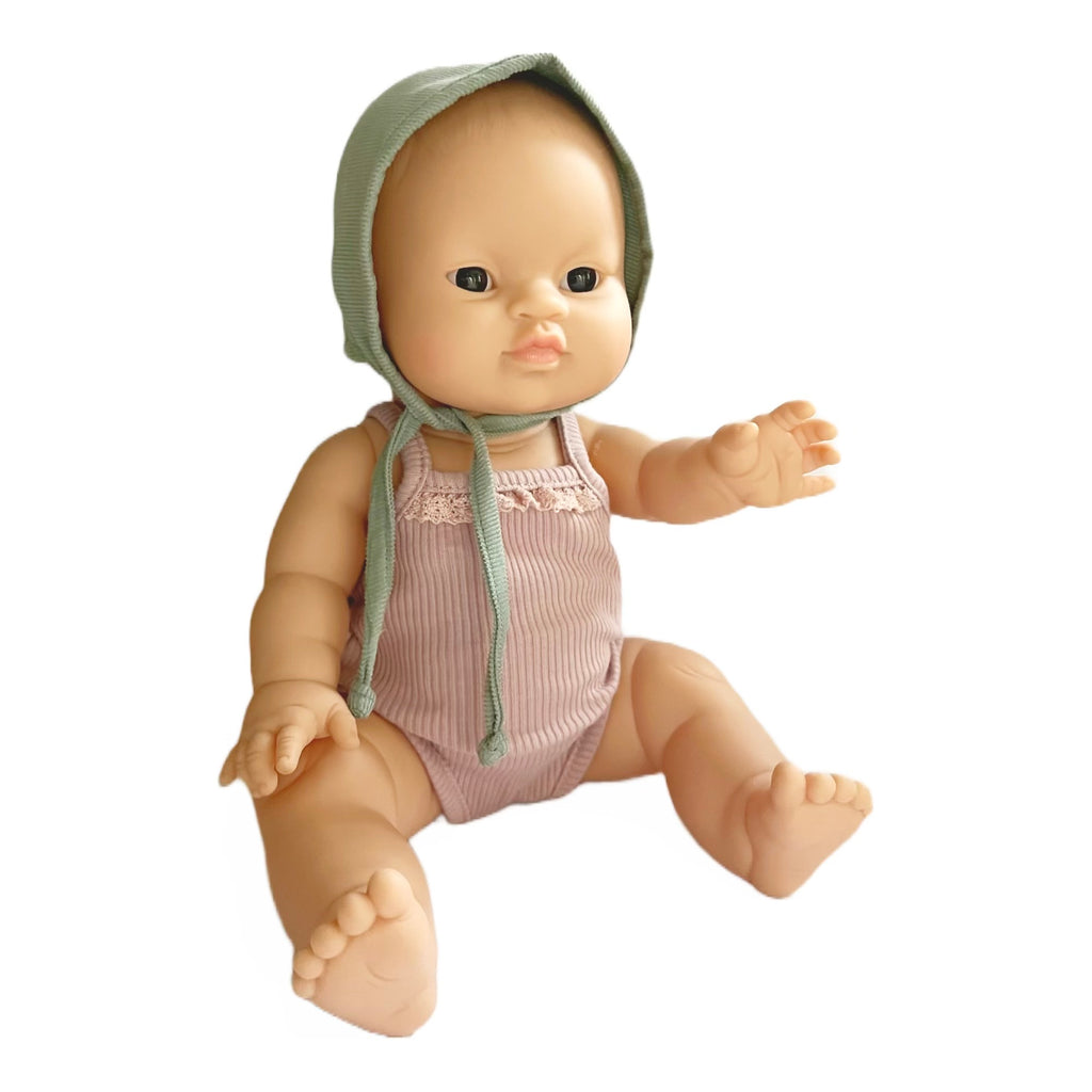 Minikane Bath Baby Doll in Lilac Romper and Sage Bonnet · Asian