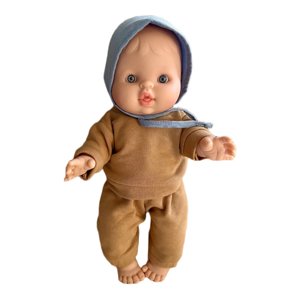 Minikane Bath Baby Doll in Tan Sweatsuit and Blue Bonnet · White