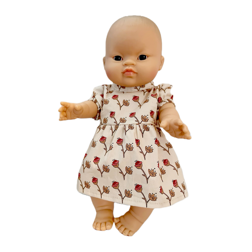 Minikane Bath Baby Girl Doll in Floral Dress with Puffed Sleeves· Asian