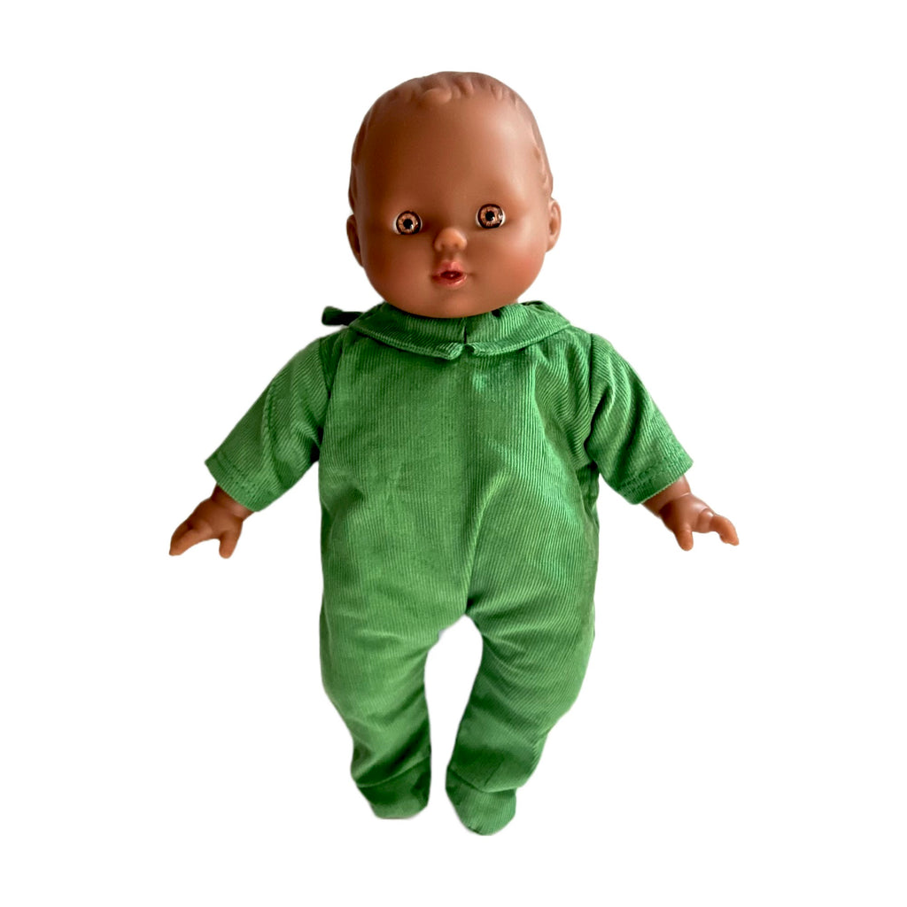 Minikane Soft Baby Doll in Green Corduroy Romper · Brown