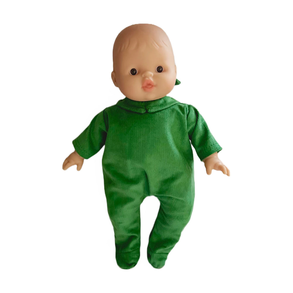 Minikane Soft Baby Doll in Green Corduroy Romper · White