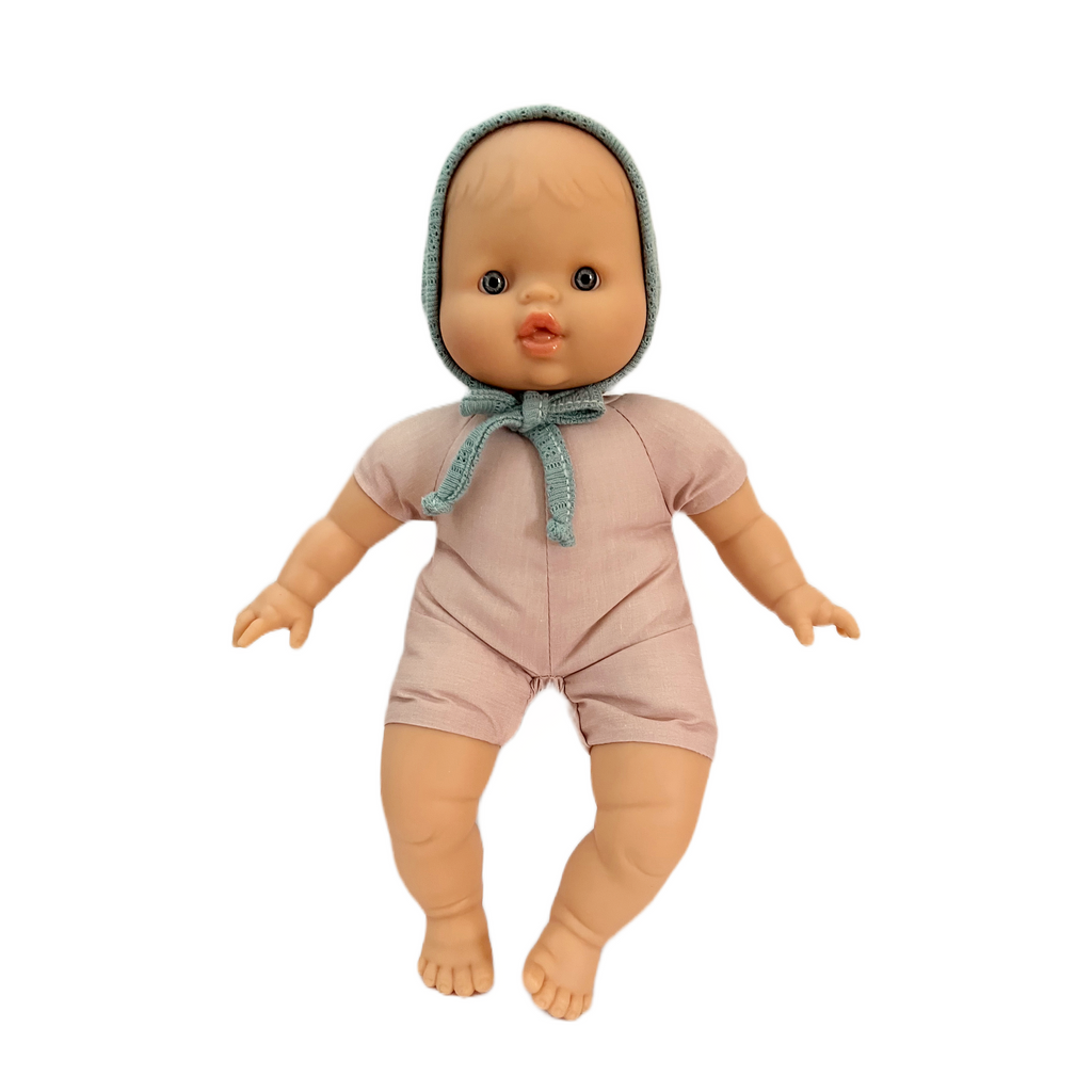 Minikane Soft Baby Girl Doll in Blue Pointelle Bonnet · White