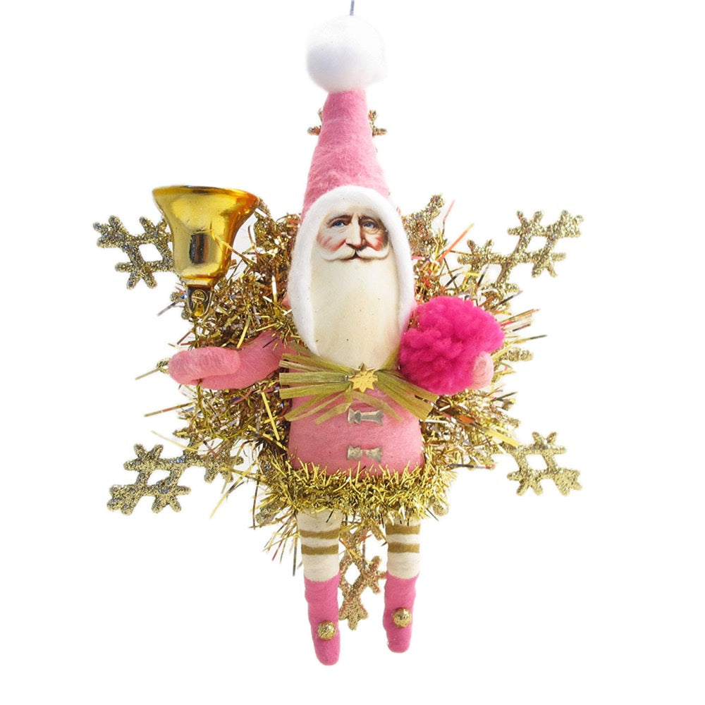 Vintage By Crystal Pink Snowflake Santa Ornament