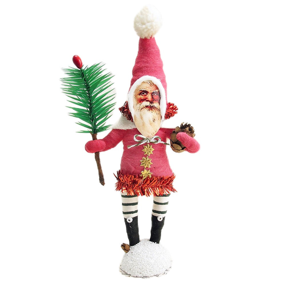 Vintage By Crystal Red Woodland Santa Figure With Goose Feather Sprig