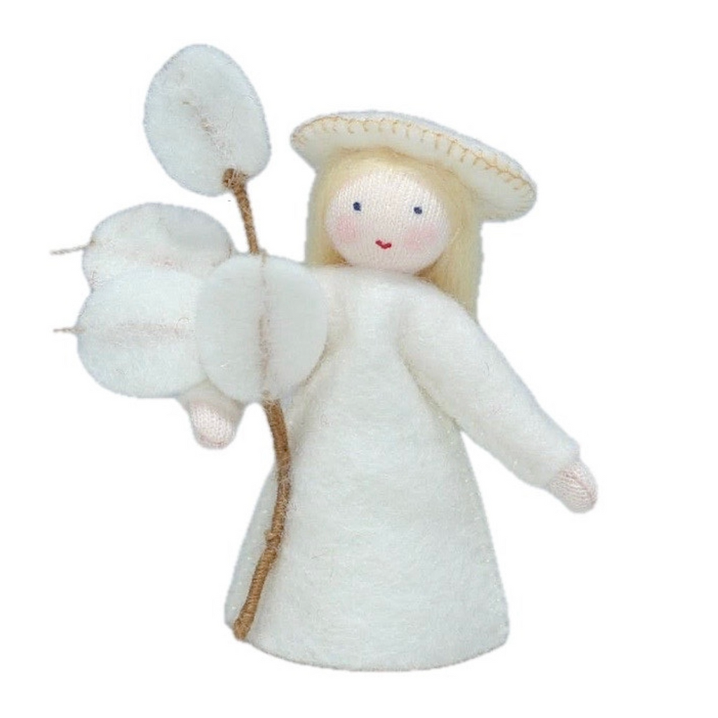 Silver Dollar Fairy Holding Flowers · White