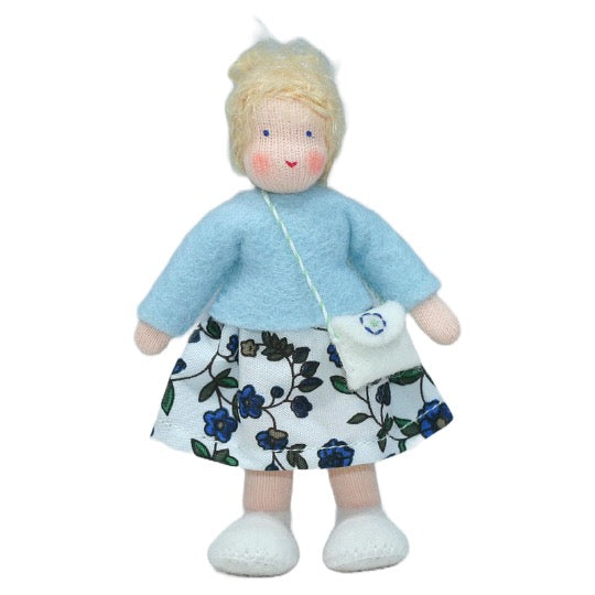 Waldorf Dollhouse Blonde Girl in Blue Top and Floral Skirt · White