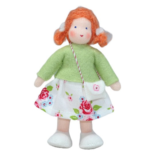 Waldorf Dollhouse Ginger Girl in Green Top and Floral Skirt · White