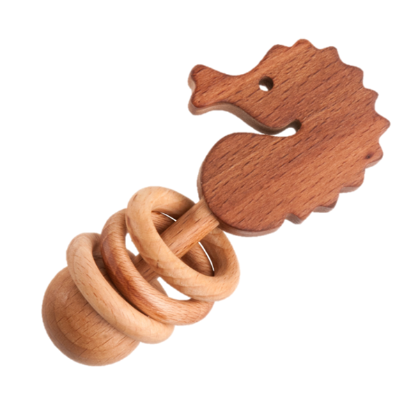 Wood Seahorse Rattle with Rings