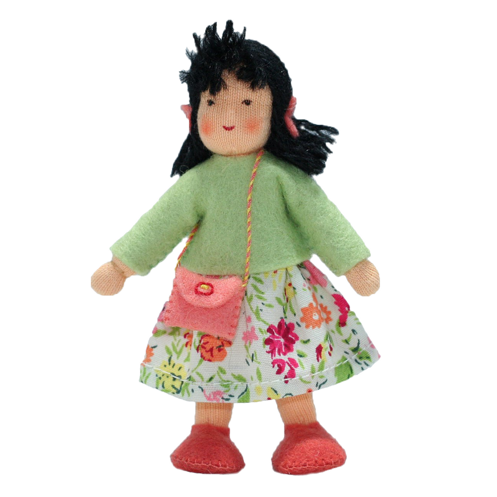 Waldorf Dollhouse Girl in Green Top and Floral Skirt · Fair