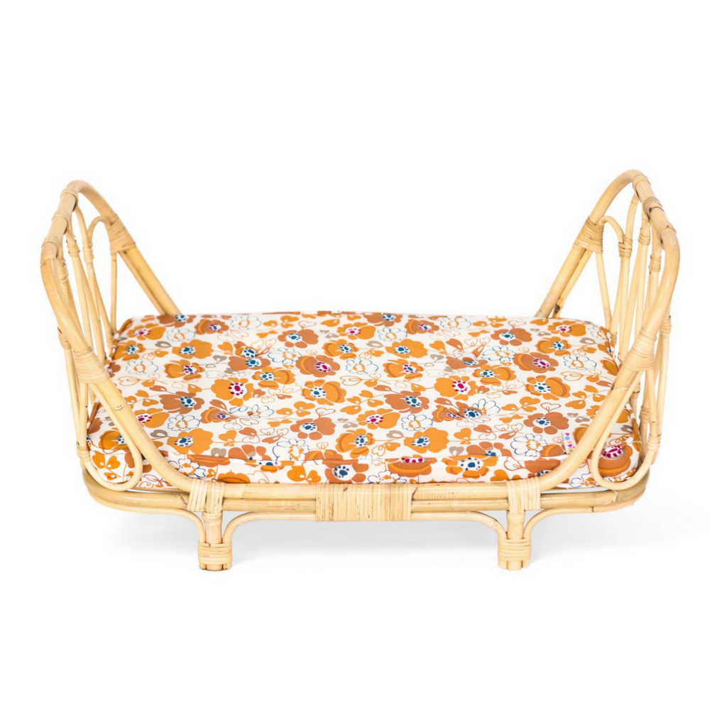 Poppie Toys Rattan Doll Bed with Floral Mattress
