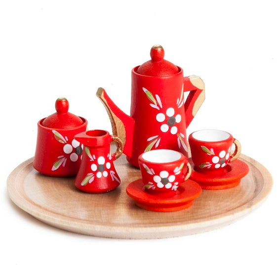 Miniature Red Floral Dollhouse Tea Set
