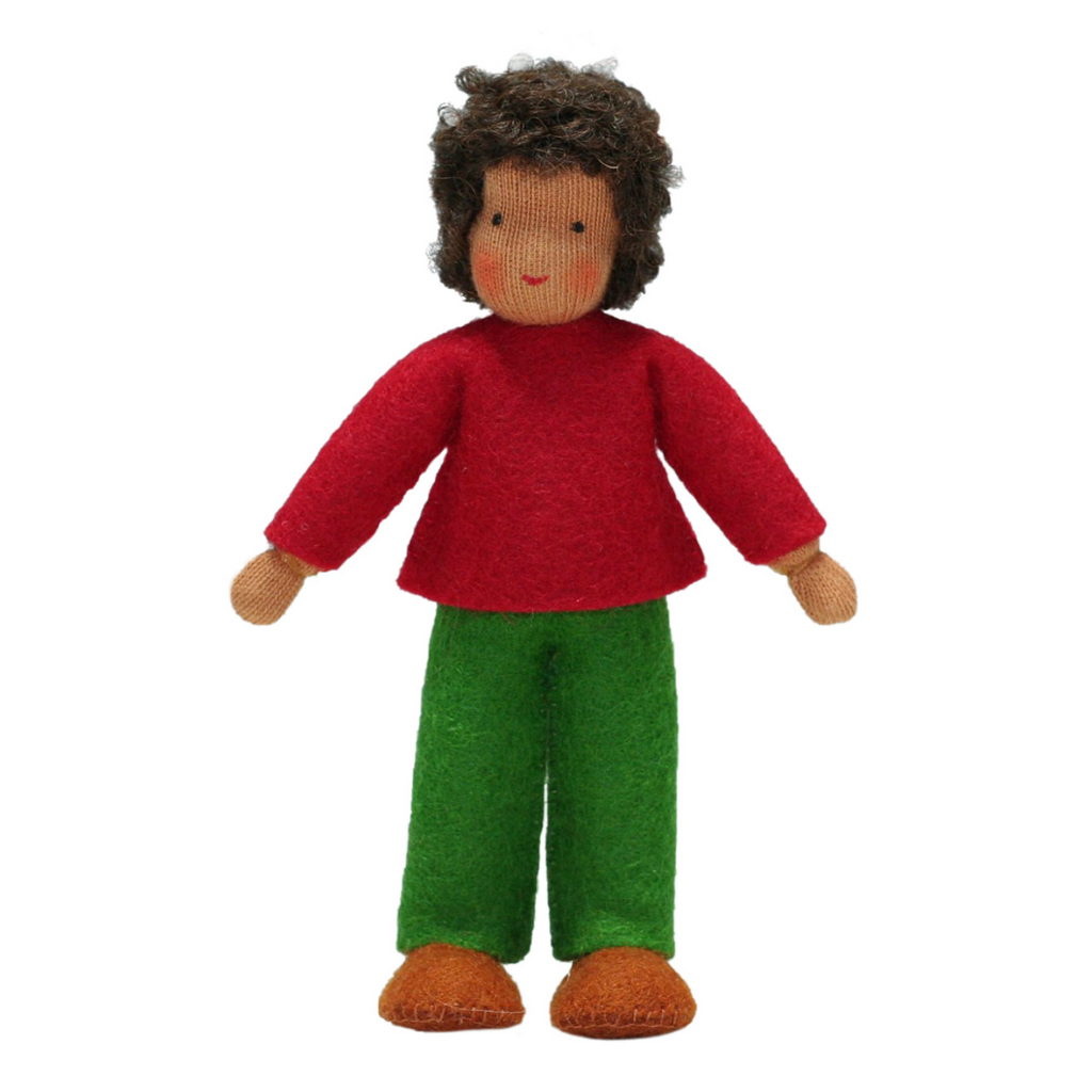 Waldorf Dollhouse Boy in Red Top and Green Pants · Brown